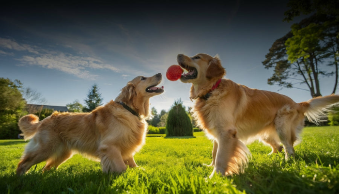 Two golden retrievers playing with a ball in a park